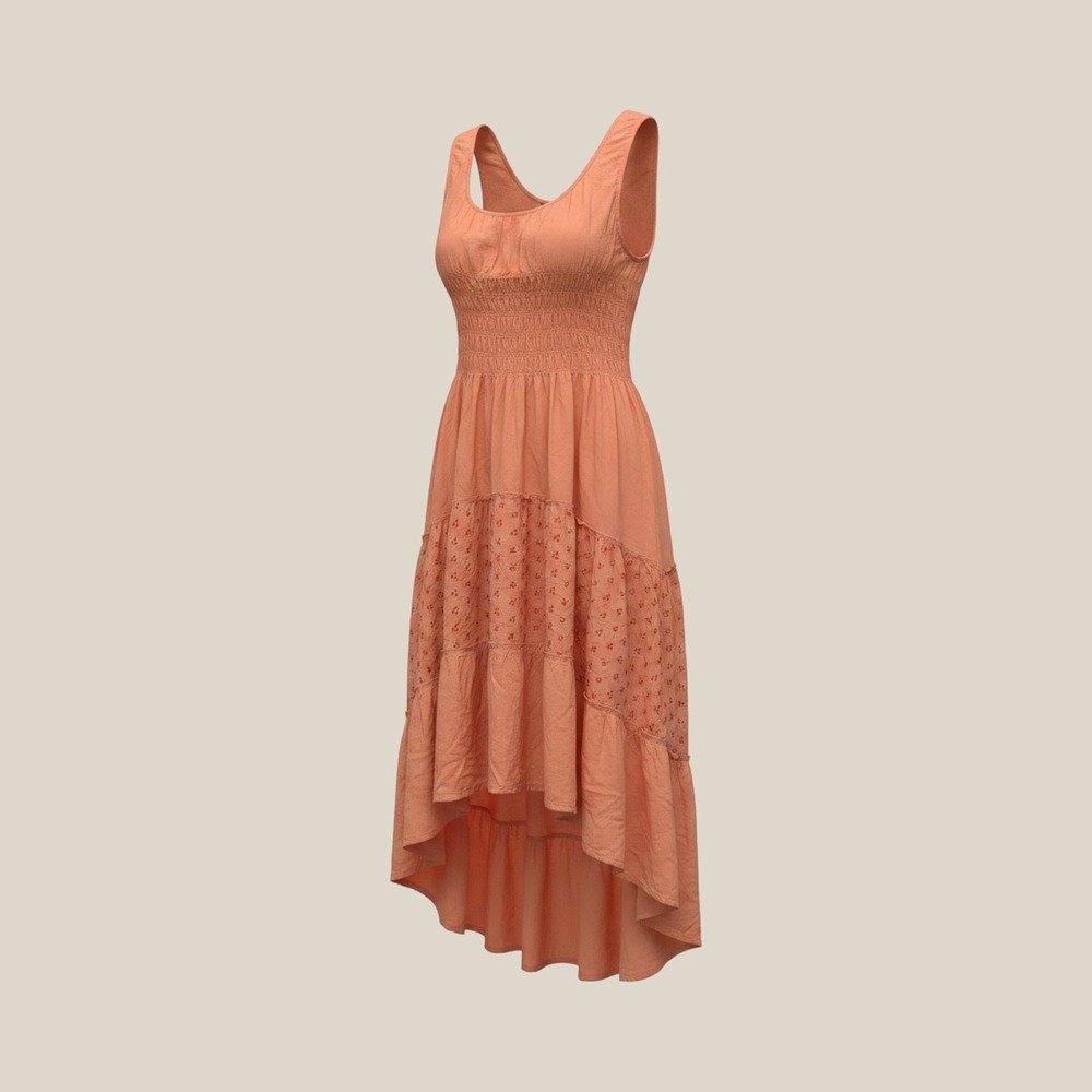 Speed Control High Low Dress Women 3X Peach Cotton Boho Smocked Eyelet Tiered